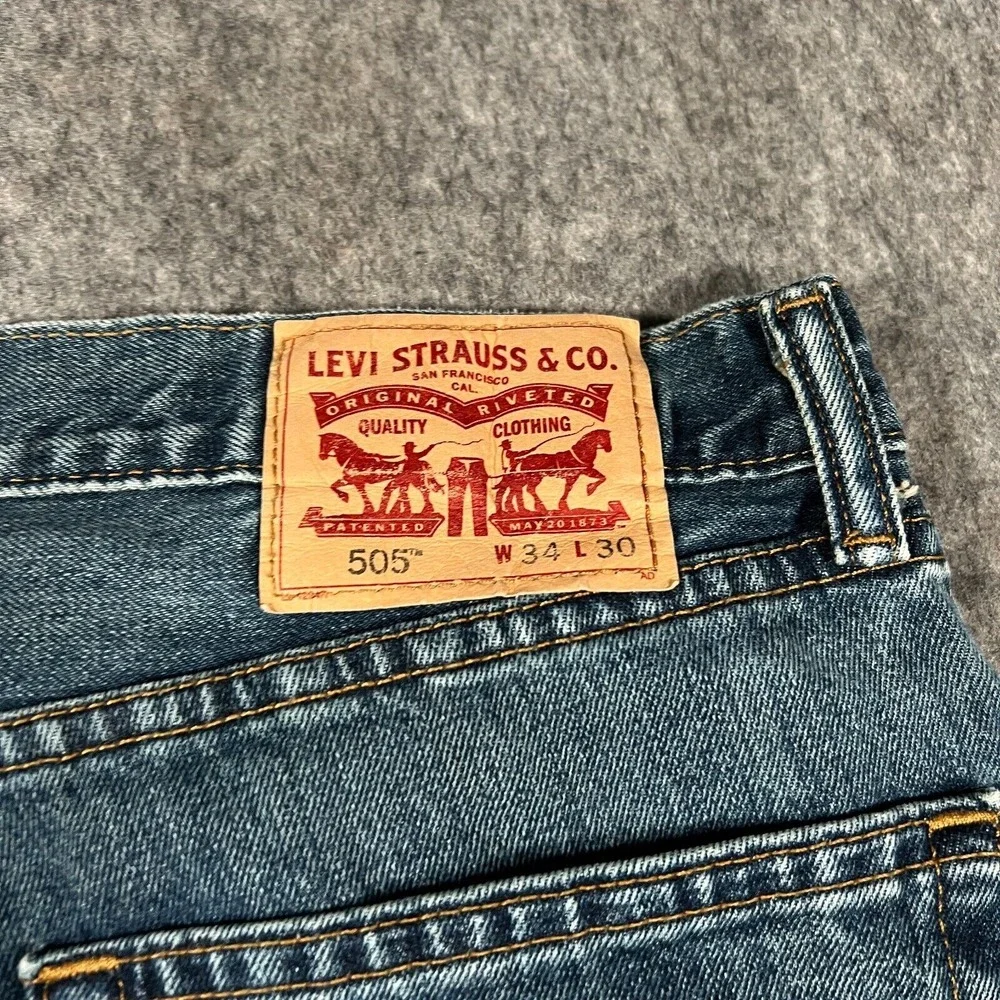Levi's 505 Men's Straight Jeans 34x30 Blue Denim Cotton Messed Up‎ Zipper